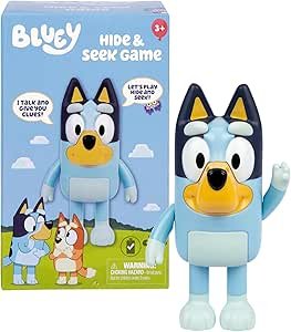 Bluey Hide & Seek Game, Hide the figure and press her nose to start the built-in timer, talks and giggles to help kids find her, When found, kids can Dance To Theme Song