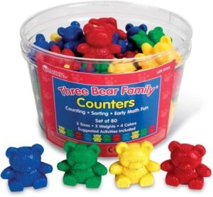 Learning Resources The Original Three Bear Family Basic Four Colour Counter Set (Set of 80) Compare Bears Maths Counters, Classroom Supplies to Learn Counting, Sorting, Size-grading & Mass Comparison