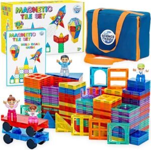 Magnetic Tiles - 100 Piece Set + 4 Play Figures + Storage Bag - Building Blocks for Kids Age 3-7 Year Olds - Educational STEM Toys for Boys & Girls - Assorted Magnetic Shapes & Colours