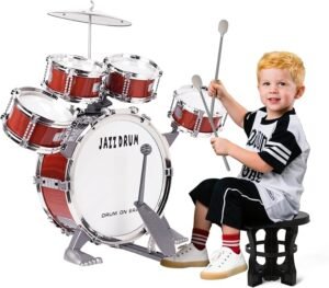 Kids Drum Kit, Junior Jazz Drum Set Toddler Toy 5 Drums with Stool Pedal Cymbal and Drumsticks Beginners Musical Instrument Percussion Holiday Birthday Educational Gift for Boys Girls, Red. About this item
【 9 PCS Kids Drum Set 】 m zimoon the toddler toys drum set is a complete scaled-down, fully functional kids drum set featuring, with 1 bass drum with foot pedal, 4 small tom, 1 x cymbal, 2 x drum sticks and 1 stool. All the sensory toys baby drum kit help them develop their music skills from a very young age. The drum kit's height after installation is about 21.3 inch. Elegant and robust appearance,designed to be suitable for kids. (Refer to the picture for detailed size information)
【 Toddler Education Musical Toys 】m zimoon toddler drum kit is an early educational toy. Kid beat drum and cymbal, the realistic sound will make them immersed in their own world of music. Drumming can increase children's interest in music, enhance motor skills, logical thinking and patience ability, promote children's hearing development, improve children's concentration, and exercise children's flexibility and hand-eye coordination. Let children escape the temptation from mobile phones and TV
【 Safe & High Quality Material 】Kids toddler drum set is made of non-toxic and odorless materials that ensures the creation of loud and clear sounds. Fine workmanship and smooth edge, safe and very friendly. The rock drum set equips with a pair of children's drumsticks and a small stool that helps to make a child completely comfortable while using drum set for kids. The drumstick's head is provided with a rubber sponge, playing is more labor-saving and can reduce the impact on children's hands
【 Small Size & Lightweight 】Our baby drum kit's drum head has undergone rigorous tests of repeated strikes 50,000 times, durability and resistance to percussion. Kids musical instrument set not only easy to install, each drum is in well-designed size so that little drums could be stored in bigger drums and packed in a box, saving storage space when not played. The red and silver color scheme of the kid drum kit is very fashionable and the appearance is very cool. Children like beautiful toys
【 Perfect Gift for Boys and Girls 】 Learning about music helps instill in children a way to express themselves. With this rockjam drum kit, your child will look and sound like a little rock star! The kids drum Kit play set would give your kids a happy time. A good chance to cultivate a closer relationship with others and create a joyful atmosphere. It is the best gift for kids ages 3 4 5 6 7 8 9 on Christmas, Easter, Halloween, Birthday, Children’s Day, holiday, Special days and so on