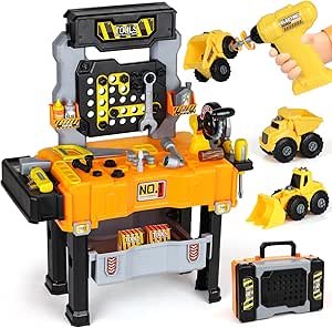Kids Tool Bench, Kids Tool Set with Realistic Electric Drill & Take Apart Construction Vehicles, Workbench & Tool Box in One Design, STEM Learning Toys for 2-3 Years Toddler Boys & Girls. About this item
Ultimate Pretend Play Experience: Crafted to mimic real tools, Lehoo Castle Kid Tool Bench come with realisti electric drill, screwdriver, socket wrench, hex wrench, saws, chainsaw, hammers and other tool accessories, keep your little ones entertained in this role-playing construction toys, sparking your child’s imagination and encouraging hands-on learning. Tool bench size - 62.5x51x26.5cm
Take Apart Construction Vehicles: Each engineering vehicle can be disassembly and assembly with an electric drill or a manual screwdriver. By gradually assembling scattered parts into a complete truck/excavator, children can learn basic mechanical principles and enjoy the assembly fun, making it the perfect STEM toy for toddler
Interactive Play & Educational Value: Build fine motor skills & problem-solving abilities as your child drills, hammers, screws, and builds. The kids tool set encourages imagination and creativity, turning playtime into a valuable learning experience. Educational toys for 2-3 year old boys/girls encourage tool recognition, and parent-child cooperative play
Sturdy Construction & Safe Design: Made from heavy-duty, non-toxic plastic, this workbench is built to last through countless play sessions. Smooth edges and durable materials ensure safety for little hands, giving you peace of mind while your child builds away. Storage compartments teach organization skills
Perfect Gift for Little Builders: It is a great learning toy that can encourage kids to imitate adult to use tools, best for toddlers to make pretend play games and satisfy their curiosity. Ideal for birthday gifts for toddlers or holiday presents, inspire joy and foster a love for building in your young engineer, mechanic, or carpenter