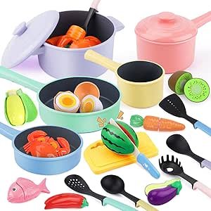 Kitchen Pretend Toy, Role Play Cutting Fruit Food Toy & Cookware Pot & Pan Set, Educational Gift Toy for Kid Girl Boy Toddler Age 3,4,5,6,7,8, Cooking Utensil Vegetable Toy for Children. Full funny set includes 3 cooking pots, 2 pot lids, 2 pans, 5 cooking utensils, 1 cutting board, 1 knife, 1 carrot, 1 chilli, 1 eggplant, 1 cabbage, 1 watermelon, 1 kiwi, 1 egg, 1 fish, 1 crab. A variety of food toys for kids to role-play, can be assembled or disassembled, and will bring endless fun to kids
Safe Material & Science Size: A variety of pretend food toys with bright colours are made of non-toxic & environmental ABS plastic material. Safe and durable, won't hurt kids' tender skin. Smooth appearance, makes playing safer
Enhance Hand Power: Full set equipped with a knife and 6 cutting fruits, vegetables - a carrot, an eggplant, a chilli, a cabbage, a watermelon and a kiwi. Kids can cut the fruits and vegetables in half and then stuck back together, enhancing kids hand power
Early Education: Various vivid role play foods great for Food Learning, Sorting, Matching, Choice Making, Motor skills, Hand-eye Coordination, Colour Identification. It can be played with friends or parents and will improve parent-child interaction and friendship, communication ability
Perfect Gifts: Various vivid role play foods will attracts kids, great gift for birthdays, holidays or anniversaries. Suitable for small hands to hold. Good toys for boys girls aged 3, 4, 5 and up
