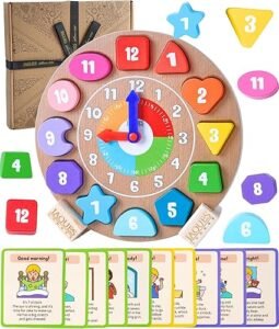 Jaques of London Wooden Kids Learning Clock with Daily Routine Cards | Montessori Toys Teaching Clock for Toddlers & Preschoolers. About this item
Supports Fine Motor Development | Rotating the hands on the teaching clock face and placing the shape sorting numbers strengthens finger muscles, grip, and coordination.
Builds Cognitive Skills & Time Awareness | Wooden toys help children recognise numbers, understand sequencing, and develop early learning to tell the time with confidence.
Prepares for Daily Routine & Independence | Includes illustrated routine flash cards to teach time structure, order, and personal care throughout the day.
Designed for Ages 2–5 | Safe, colourful, and perfectly sized clock toy for little hands made from sustainable wood with child-safe paints.
230 Years of Quality | All of our educational wooden toys and toddler games come with the reassurance of more 230 years’ experience, directly from the world’s oldest toys and games maker.