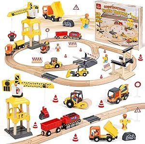 Toddler Construction Toys, 68PCS Engineering Wooden Train Set for Age 3 4 5 6 7 Boys Girls, Kids Railway Toys with Crane, Christmas Trains Gift for Age 3-5